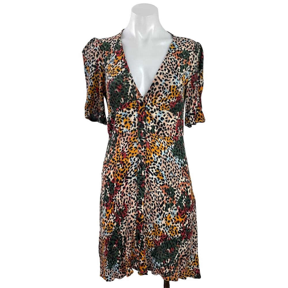 Pull & Bear Multicolor Leopard Animal Print Puff Sleeve Mini Shirt Dress Size M